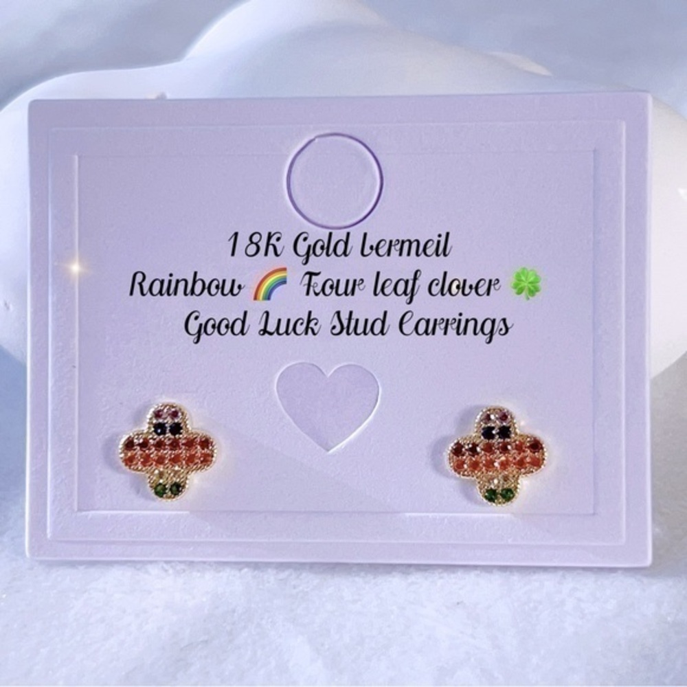 18K Gold Vermeil 
Rainbow 🌈 Four leaf clover 🍀 
 Good Luck Stud Earrings